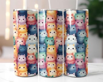 Colorful Cat Tumbler Wrap PNG – 20oz Skinny Sublimation Design with Cute Kawaii Style Fluffy Cats, Pastel Pet Pattern