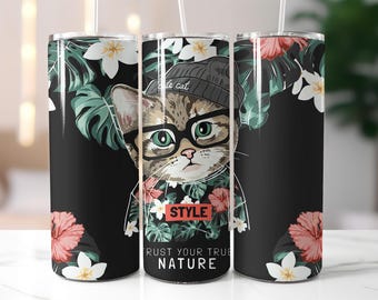 Cool Cat Tumbler Wrap PNG, 20oz Skinny Sublimation Design, Hipster Glasses Jungle Flowers Tropical Nature Digital Download
