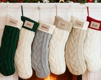 Engraved Leather Patch Stockings, Family Christmas Stockings, Stocking with Name, Holiday Stockings, Knit Stockings, Christmas Gift 2025