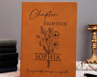 18-årspresent, personlig läderjournal, namnjournal kapitel 18, anteckningsbok med blommor för födelsemånad, personliga presenter till 18-åringar