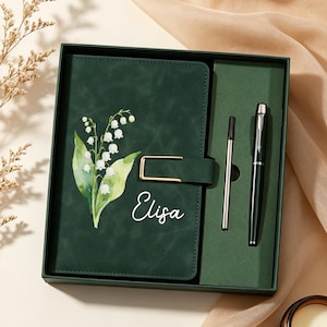Gepersonaliseerde geboortebloem notitieboek en pennenset, aangepaste naam lederen dagboek, geboortemaand bloemencadeau, verjaardagscadeau voor haar, cadeau leraar
