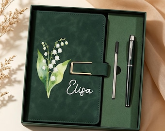 Personalisiertes Geburtsblumen Notizbuch & Pen Set, Leder Journal mit individuellem Namen, Geburtsmonat Blumengeschenk, Geburtstagsgeschenk für Sie, Lehrer Geschenk