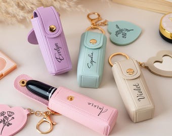 Personalized Leather Lipstick Case Keychain, Engraved Lipstick Holder with Mirror, Bridesmaid Gift, Bridal Shower Gift, Wedding Party Favor
