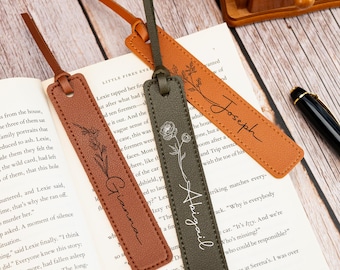 Personalisierte Leder Lesezeichen, benutzerdefinierte Geburt Blume Lesezeichen mit Namen, Bibliothek Lesezeichen, Lesezeichen für Frauen, Geschenke für Lehrer, Leser Geschenk