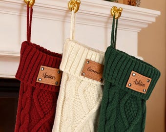 2025 Family Christmas Stockings, Engraved Leather Patch Stockings, Stocking with Name, Holiday Stockings, Knit Stockings, Christmas Gift