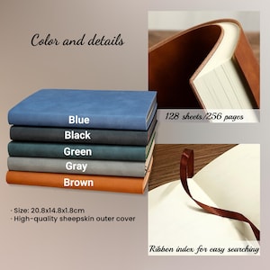 K&ouml;nnte beinhalten: Ein Stapel aus f&uuml;nf Notizb&uuml;chern mit Einb&auml;nden aus Schafsleder in Blau, Schwarz, Gr&uuml;n, Grau und Braun. Jedes Notizbuch misst 20,8 x 14,8 x 1,8 cm und enth&auml;lt 128 Blatt beziehungsweise 256 Seiten. Ein Leseb&auml;ndchen dient als Lesezeichen.