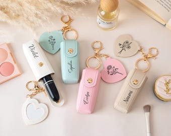 Personalized Lipstick Case Keychain with Mirror, Custom Name Lip Balm Holder, Engraved Lipstick Holder, Bridesmaid Gift, Wedding Favor