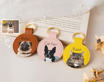Custom Pet Photo Keychain, Leather Pet Portrait Keyring, Personalized Fur Keepsake, Pet Memorial Gift, Pet Lover Gift, Gift for Dog Dad