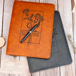 Personalized Refillable Portfolio, Custom Leather Portfolio with Birthflower, Office Gift, Birthday Gift, Business Gift, Appreciation Gift