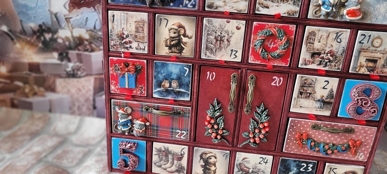Calendario de Adviento de madera de lujo con luces: reliquia navideña hecha a mano, caja grande de recuerdos de pueblo invernal imagen 20