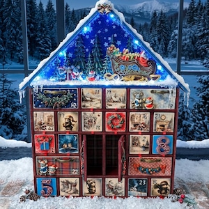 Calendario de Adviento de madera de lujo con luces: reliquia navideña hecha a mano, caja grande de recuerdos de pueblo invernal imagen 3