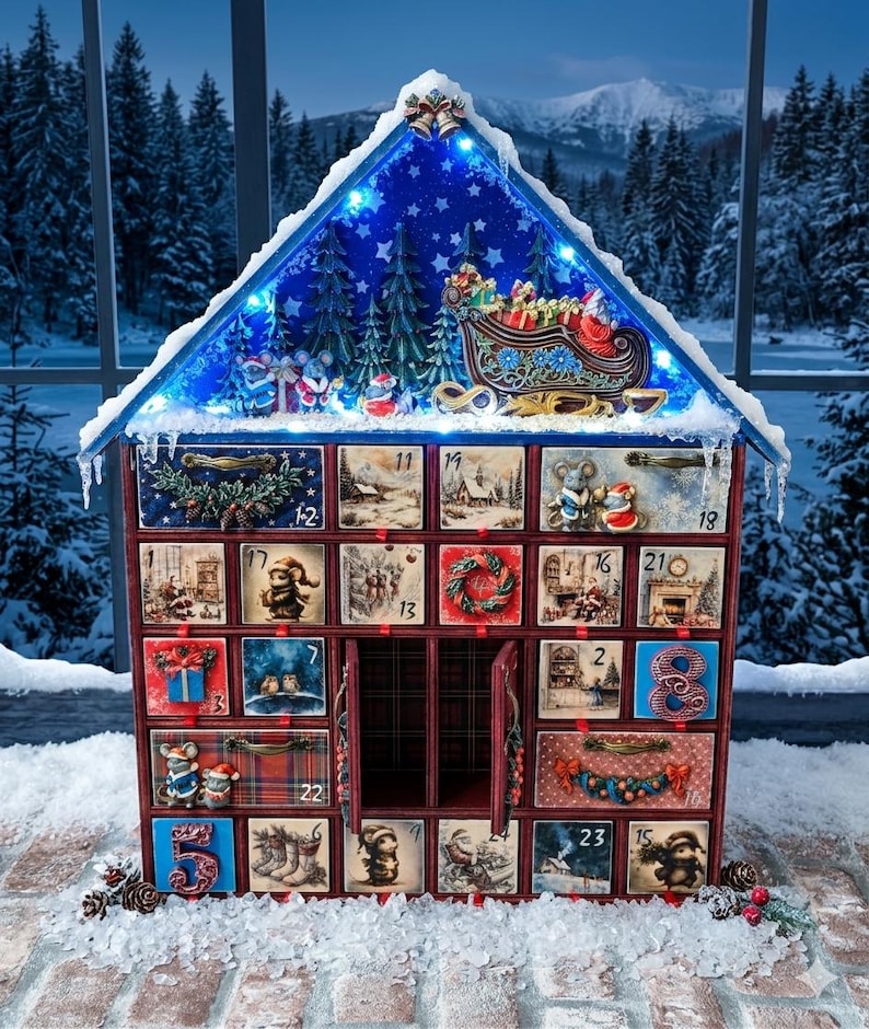 Calendario de Adviento de madera de lujo con luces: reliquia navideña hecha a mano, caja grande de recuerdos de pueblo invernal imagen 3