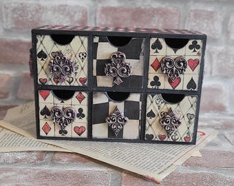 Alice in Wonderland Wooden Drawer Box – Playing Card Design Mini Chest, Handmade Decoupage Organizer