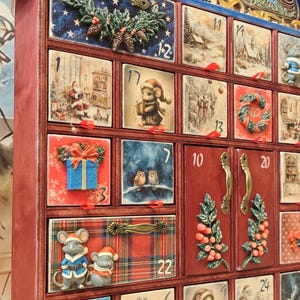 Calendario de Adviento de madera de lujo con luces: reliquia navideña hecha a mano, caja grande de recuerdos de pueblo invernal imagen 16