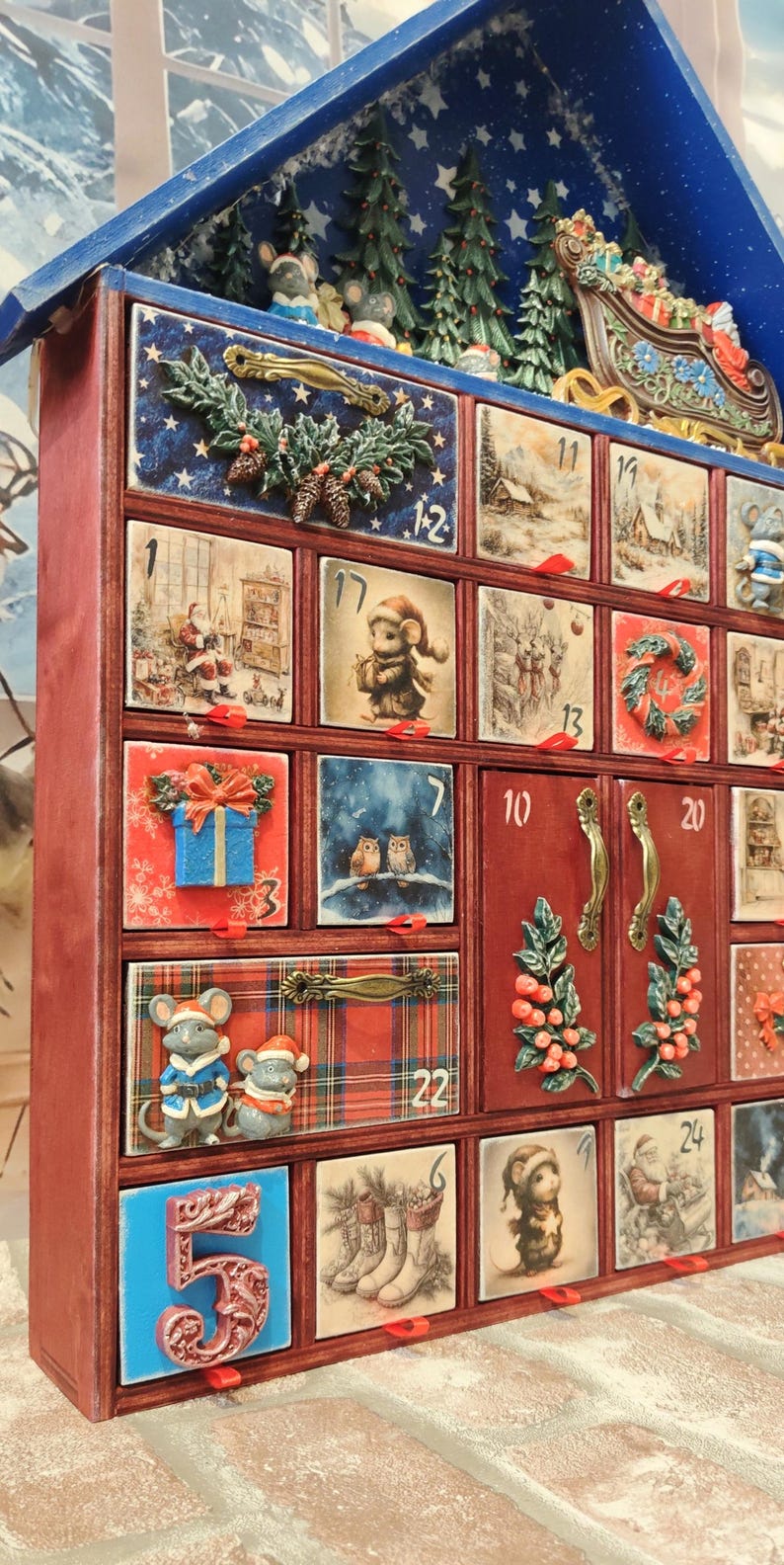 Calendario de Adviento de madera de lujo con luces: reliquia navideña hecha a mano, caja grande de recuerdos de pueblo invernal imagen 16