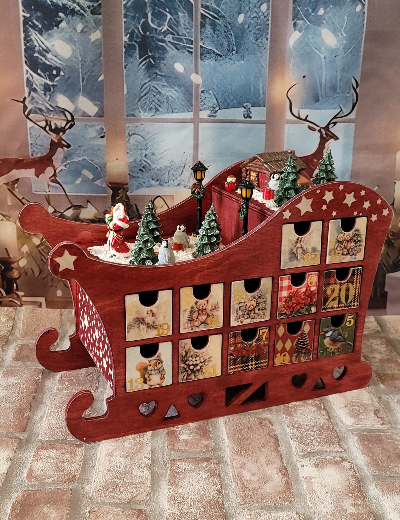 Handcrafted Wooden Sleigh Advent Calendar, Vintage Christmas Countdown Centerpiece