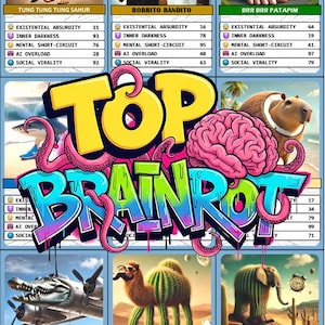 Peut inclure: Ensemble de cartes à collectionner surréalistes intitulées "TOP BRAINROT". Chaque carte présente un personnage étrange avec des statistiques. Les cartes incluent des images d'une créature, d'une figure d'ours et d'un avion.
