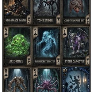 Può includere: Una collezione di nove carte da gioco con illustrazioni dark fantasy. Le carte raffigurano un Necrophage Swarm, Tomb Spider, Crypt Vampire Bat, Acid Ooze, Evanescent Specter, Stone Gargoyle, Bone Construct, Tendril Aberration e Crypt Shadow.