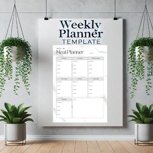 May include: A printable weekly planner template with a marble background. The template includes a meal planner section with spaces to write in meals for each day of the week.
