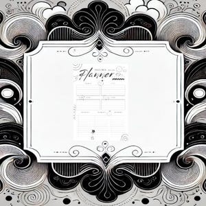May include: A black and white illustration of a planner with the word "Planner" written in cursive at the top. The planner is surrounded by a decorative black frame with swirls and lines. The background is a light gray with black and white swirls.