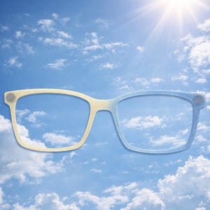 May include: A pair of eyeglasses with a gradient design, transitioning from yellow to blue, against a bright blue sky with fluffy white clouds and a shining sun. The glasses are a stylized representation.