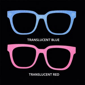 May include: Two pairs of eyeglasses in a square shape are displayed against a black background. The top pair is translucent blue, and the bottom pair is translucent red. The text "TRANSLUCENT BLUE" and "TRANSLUCENT RED" are below each pair of glasses.