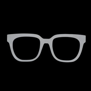 May include: A pair of light gray, square-framed eyeglasses against a black background. The glasses have thick rims and a classic, modern design. The lenses are black, creating a stark contrast with the frame.