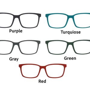 May include: A collection of five pairs of eyeglasses in various colors: purple, turquoise, gray, green, and red. Each pair has a rectangular frame shape, with the color name displayed below each pair.