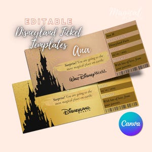 Puede incluir: Plantillas de boletos de Disneyland editables con un fondo dorado y rosa que presenta una silueta del castillo de Cenicienta. El texto dice "¡Sorpresa! Vas al lugar más mágico de la tierra: Walt Disney World." y "¡Sorpresa! Vas al lugar más mágico de la tierra: Disneyland París."