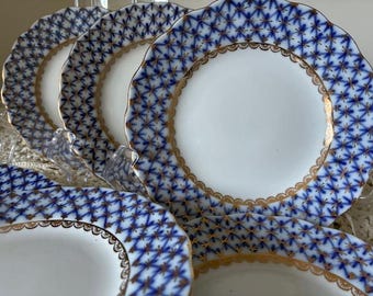 Plates for 6, D 15 cm, Cobalt NET. Lomonosov Imperial porcelain. USSR.