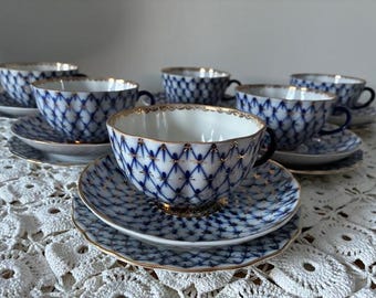 Tea set for 6. Cobalt NET. USSR. Lomonosov Imperial Porcelain.