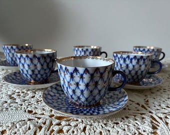 Lomonosov IMPERIAL PORCELAIN ESPRESSO coffee set for 6. Cobalt Net. Ussr.