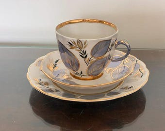 Taza de café, platillo y plato para pastel de porcelana Lomonosov, RARO, Tulipán a la luz de la luna, URSS