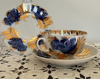 Porcelana imperial Lomonosov, trío de tazas de té Tulipán "Jardín Dorado", URSS