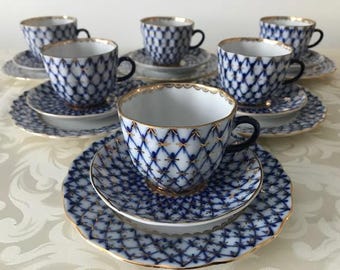 Coffee set for 6, COBALT NET.  Lomonosov Imperial Porcelain.