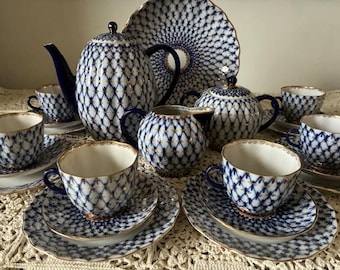 Lomonosov porcelain. Coffee set for 6. COBALT NET. LFZ.