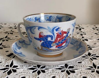 Juego de té de porcelana Lomonosov, taza y platillo, regalo "invierno", 375 ml. Vintage.