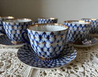 Lomonosov Imperial Porcelain. Cobalt Net. Coffee set for 6.