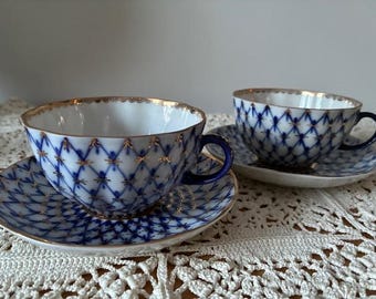 Tea set for 2. Cobalt Net. Lomonosov Imperial porcelain.