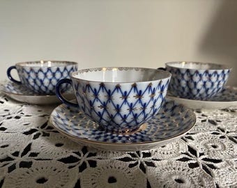 LFZ. Lomonosov Teaset for 3,  Tulip COBALT NET, 250 ml. Vintage.