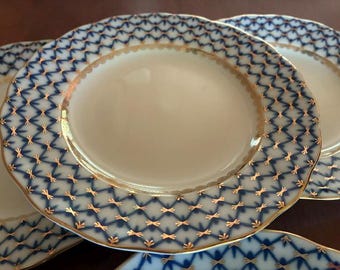 Lomonosov Imperial porcelain plates for 6, Cobalt NET, Tulip, 18 cm.