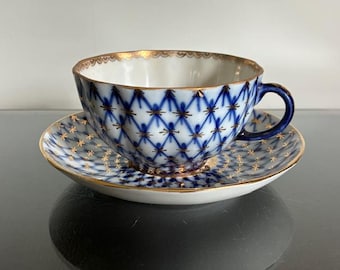 Teacup and saucer. LFZ. Lomonosov Imperial Porcelain Factory. Cobalt Net.