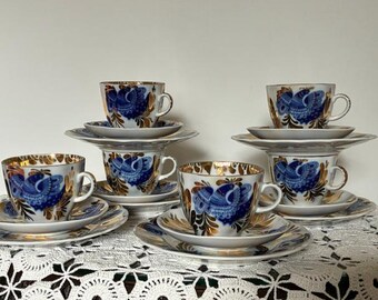 Porcelana imperial Lomonosov, juego de café para 6 personas "Jardín dorado", URSS