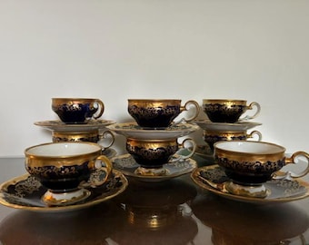 Weimar porcelain ESPRESSO set, cobalt blue gold, Echt Weimar Kobalt, made in the GDR, 8 cups and saucers. Collectible porcelain.