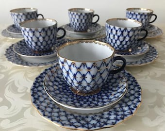 Fábrica Imperial de Porcelana Lomonosov. Juego de café para 6 personas. "COBALT NET" URSS, Vintage.