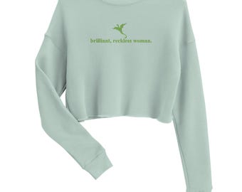 Op Onyx Storm geïnspireerde vierde vleugel stoffig blauwgroen crop geborduurd sweatshirt
