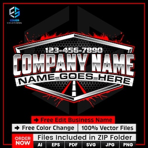 May include: A black and red logo design with the text "COMPANY NAME" and a phone number. The design includes the text "NAME GOES HERE" and "Free Edit Business Name". The logo also includes file type icons.