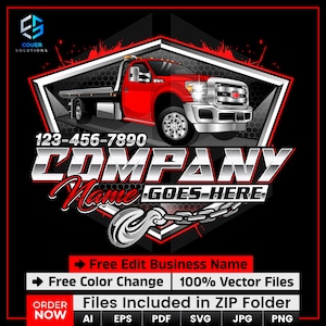 May include: A red tow truck graphic with the text "COMPANY Name GOES HERE" and a phone number. The design includes a chain and a stylized logo. Additional text includes "Free Edit Business Name" and file type icons.