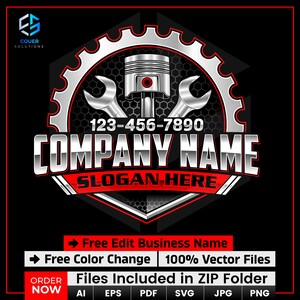 May include: A mechanic-themed logo with a silver gear, wrenches, and a piston on a black background. The logo includes the text "COMPANY NAME" and "SLOGAN HERE", along with a phone number. Additional text indicates free edits and vector files.