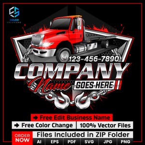 Könnte beinhalten: Grafik eines roten Abschleppwagens mit dem Text "COMPANY Name GOES HERE" und einer Telefonnummer. Das Design umfasst eine Diamantenform, Abschlepphaken und die Worte "Free Edit Business Name" und "Free Color Change".